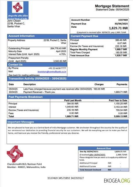 Modèle Word et PDF de relevé hypothécaire de la Banque centrale de l'Inde en Inde